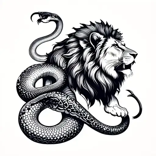 Man Vs Lion And Snake