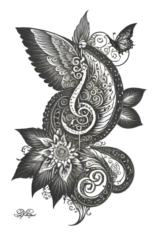 Forearm Mandala Design Showing Tremble Clef Note With Wings In A Galactic Background