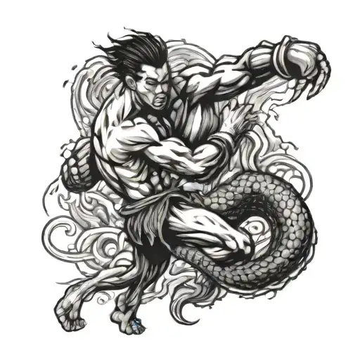 A Muay Thai Fighter Battling A Sea Monster In A Stormy Ocean