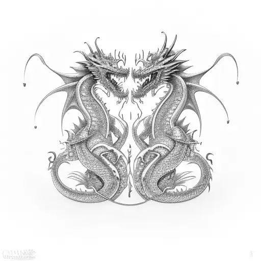 Twin Gold And Silver Dragons Each Holding A Dragon Flower In Thier Mouth