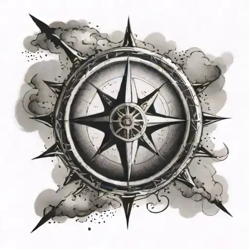 A Dotwork Tattoo Of A Compass Rose With An Airplane Silhouette In The Center