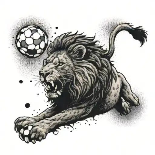 Depict A Lion Roaring Triumphantly On A Soccer Field With A Mix Of Dotwork And Blackwork Techniques