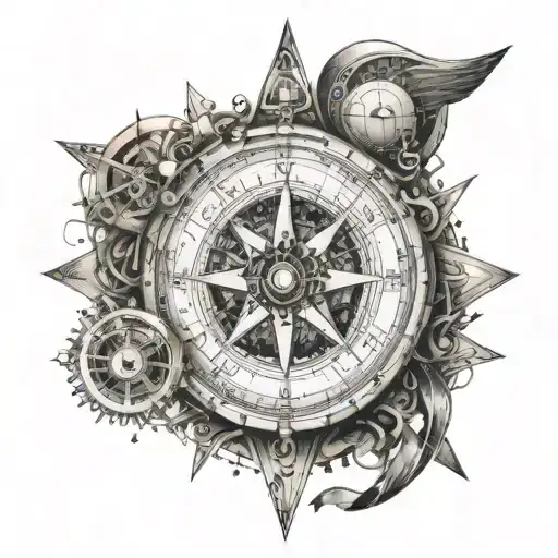 A Compass Rose Made Of Musical Instruments And Travel Symbols