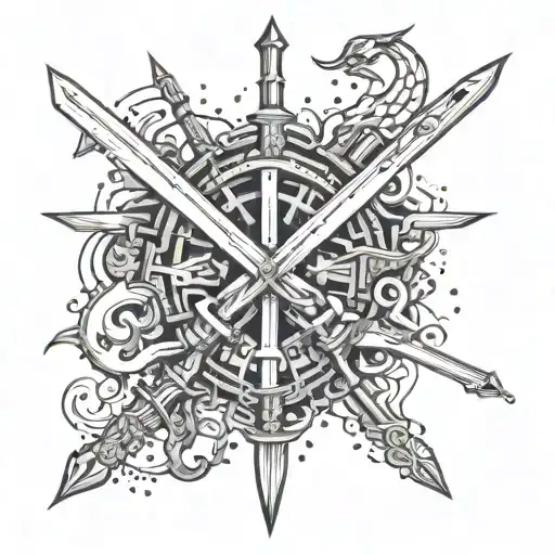 Abstract Black And White Line Art Design Featuring Swords And Property Management Symbols