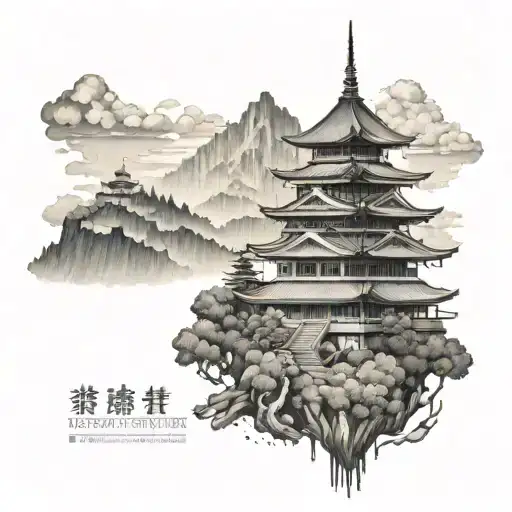 Dotwork Tattoo Of A Majestic Japanese Castle Surrounded By A Forest Of Swords