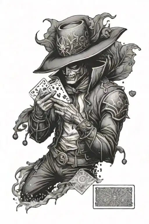 A Dotwork Tattoo Of A Marvel Character Holding A Deck Of Playing Cards In A Dramatic Pose