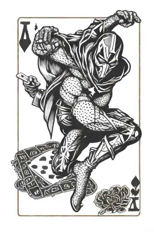 A Dotwork Tattoo Of A Marvel Character Holding A Deck Of Playing Cards In A Dramatic Pose