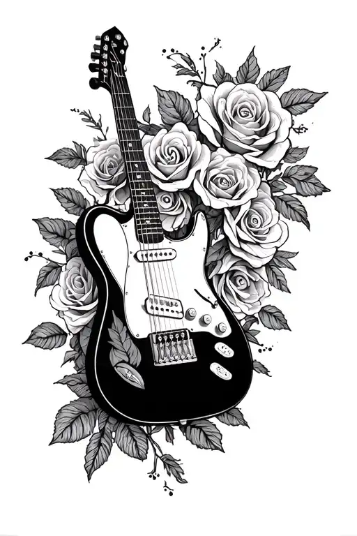 Guitar Intertwined With A Delicate Line Drawing Including Rose