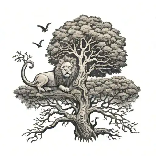 Big Tree And Small Lion Head In Treecrown