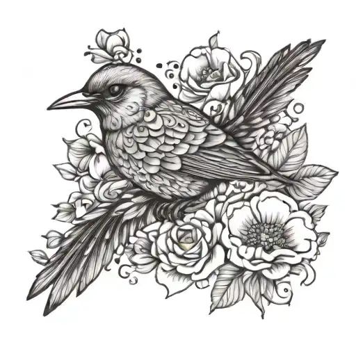 Bird Sewing Surrounded By Flowers Blooming