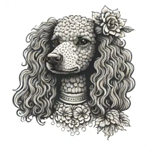 A Stylized Poodle Portrait With Delicate Flower Accents