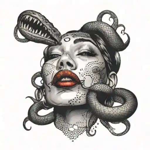 A Red Lip Of Woman Tattoo With A Snake Head Sticking Out Of That Lips As The Tongue