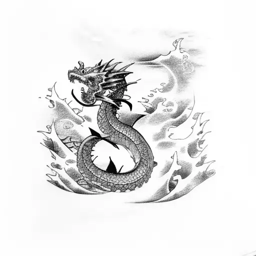 Japanese Tattoo With Sea And Dragon