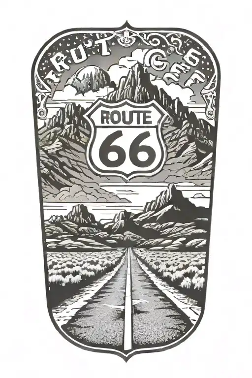 Route 66 Sign Road Leading Towards Mountain Range