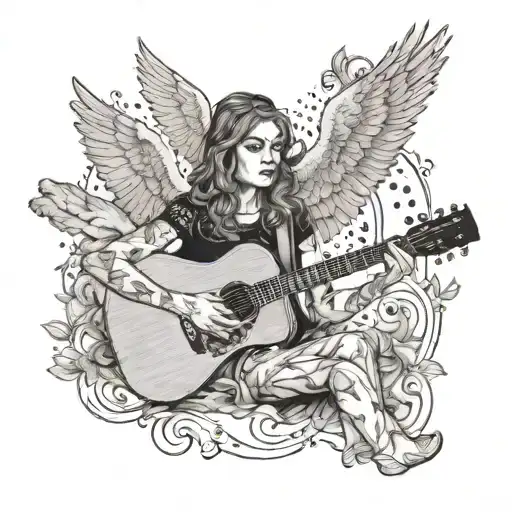 A Portrait Of A Loved One Playing An Acoustic Guitar Surrounded By Angelic Figures