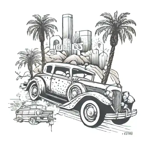 A Wedding Themed Tattoo Featuring The Hollywood Sign And A Lowrider Car