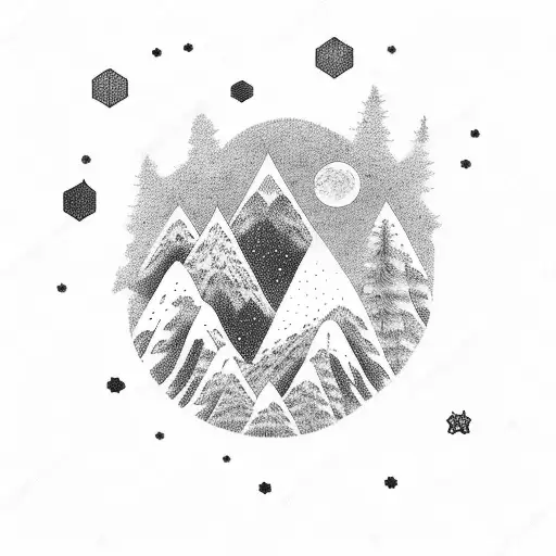 Black Tattoo On A White Background Forest Mountains And Sky With Stars