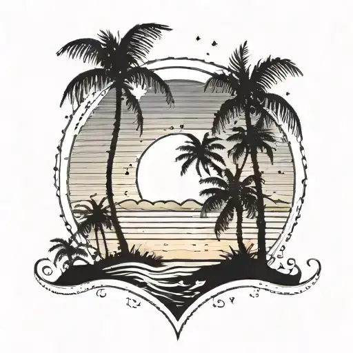 A Dotwork Tattoo Of A Cali Sunset With Palm Trees Forming The Shape Of A Heart In The Sky