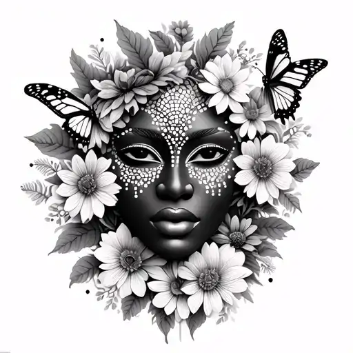 African Mask Surrounded By Flowers And Butterflies