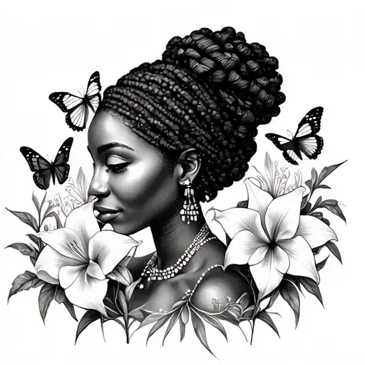 African Mother Surrounded By Amaryllis Flowers And Butterflies