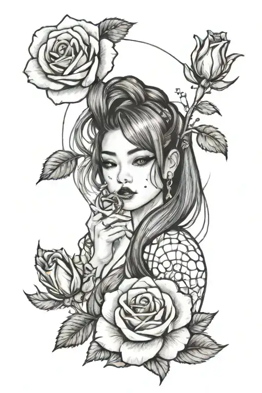A Tattoo Design Of A Girl With A Kpop Inspired Hairstyle Holding A Bloody Rose