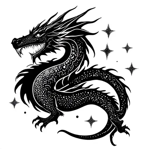 A Minimalistic Dragon Tattoo With Sparkly Stars In Background