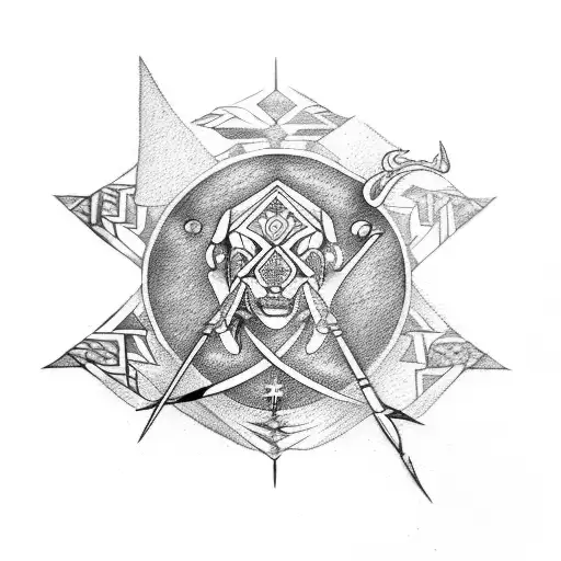 A Sagittarius With A Bow Pointing Upwards On The Right In Maori Tribal Style