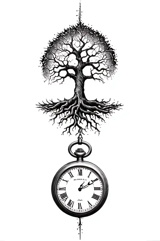 Tree Of Life Intertwined With Roots That Wrap Around And Go Into A Cracked Pocket Watch