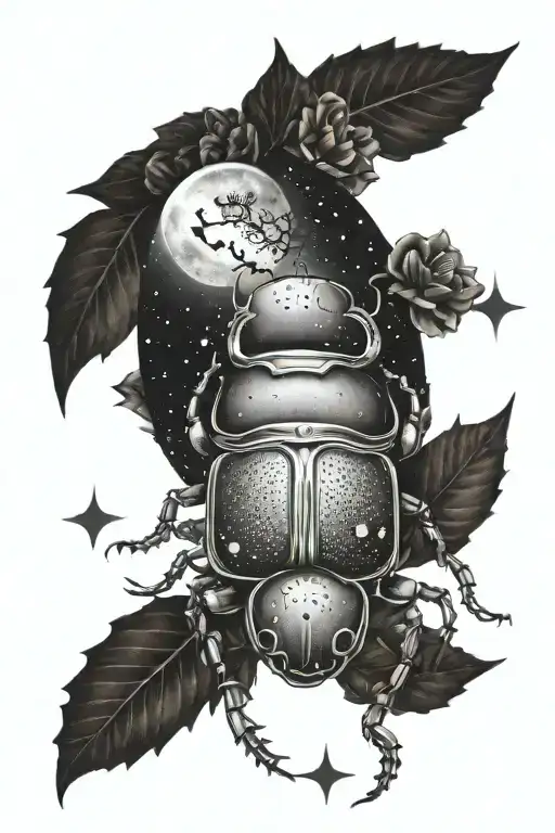 A Mystical Night Scene With A Crescent Moon Nestled Inside A Beetle