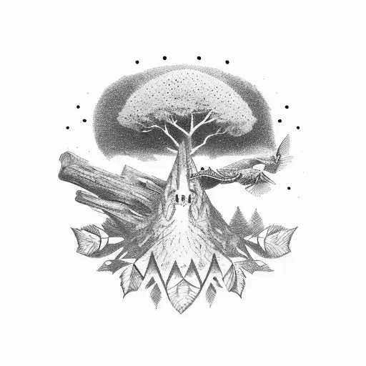 Elm Tree With A Bird Flying Over And A Rock At The Base Of The Tree