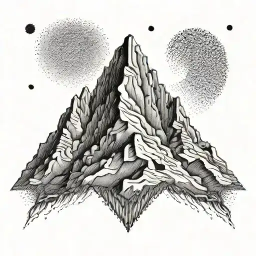 A Dotwork Tattoo Of A Mountain Range With A Tiny Hiker Figure Climbing The Highest Peak