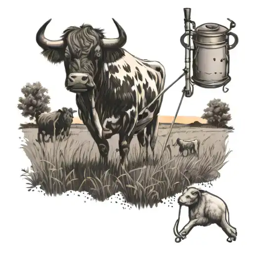 Cattle Grazing In A Field With A Fishing Rod And Trap In The Background