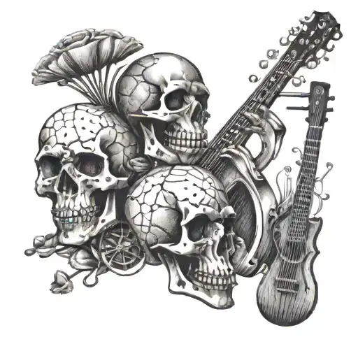 A Collage Of Various Skulls With Different Musical Instruments Incorporated Into The Design