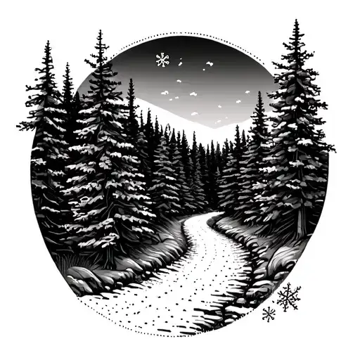 A Hiking Trail Winding Through A Forest Of Pine Trees With A Snowflake Accent