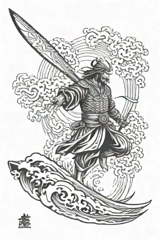 Surfing Samurai Warrior On A Huge Wave