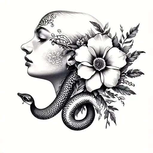 Neck Tattoo With A Snake And A Flower Bouquet
