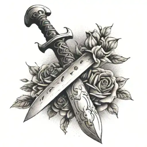 Create A Tattoo Of A Sword With The Quote 'Never Fold Never Back Down' In A Dotwork Style
