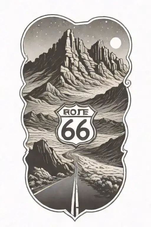 Route 66 Sign Road Leading Towards Mountain Peaks