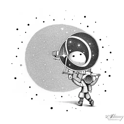 Little Person Looking To The Telescope And Around Are Stars And Planets