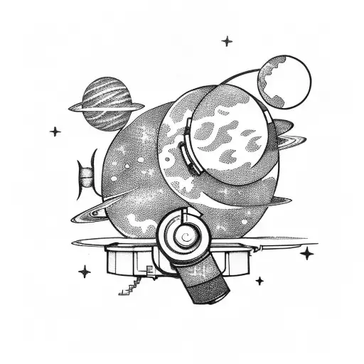 Little Think Looking To The Telescope And Around Are Stars And Planets