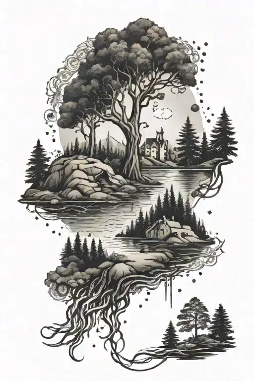 A Storytelling Tattoo Of Swedish Lakes And Forest Scenes Intertwined With Celtic History