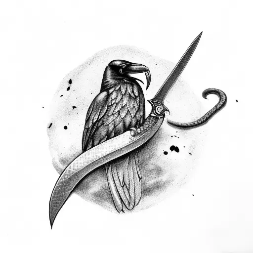 Raven Eats Snake On Sword With Skull