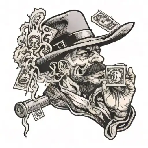 A Gangster Holding A Flaming Joint With Money Falling From The Sky