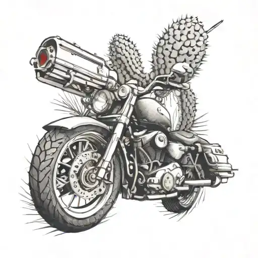 A Revolver And A Harley Davidson Motorcycle Merging Into A Single Design With Cactus Accents