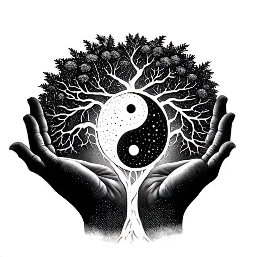 Healing Hands Holding A Glowing Tree Of Life With Yin & Yang Symbols Intertwined