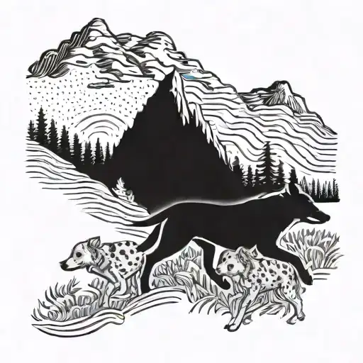 A Tattoo Of A Pack Of Hunting Dogs Running Through A Mountain Landscape