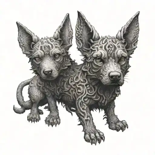 An Intricate Dotwork Tattoo Of The Three-headed Dog Cerberus Guarding The Gates Of The Underworld
