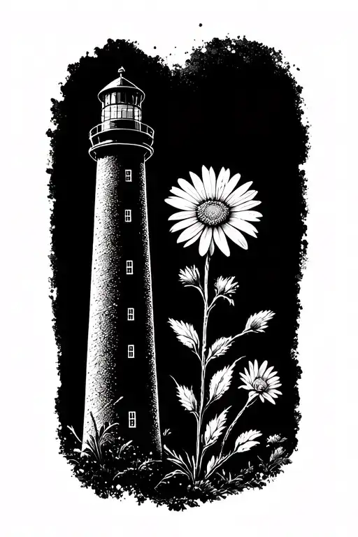Lighthouse And Aster Flower With Stem