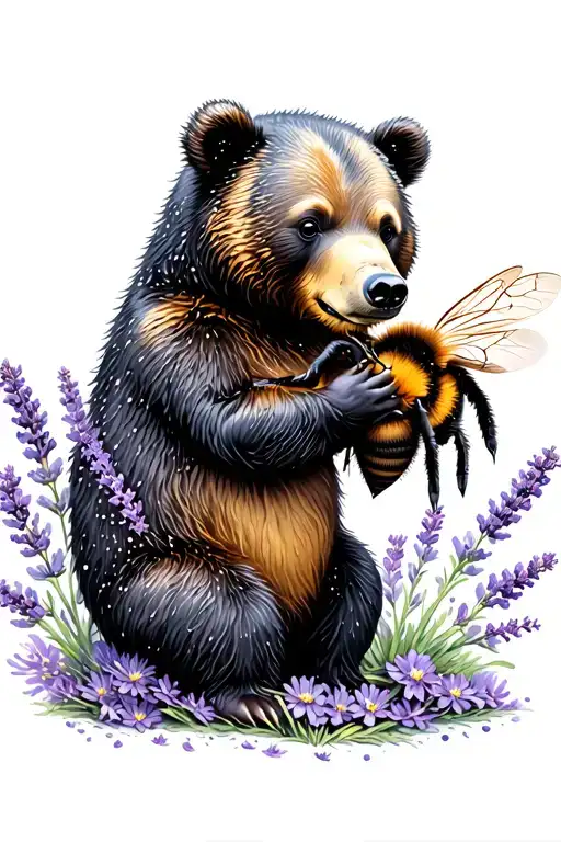 Bear Playing With A Bumble Bee In Lavender Flowers