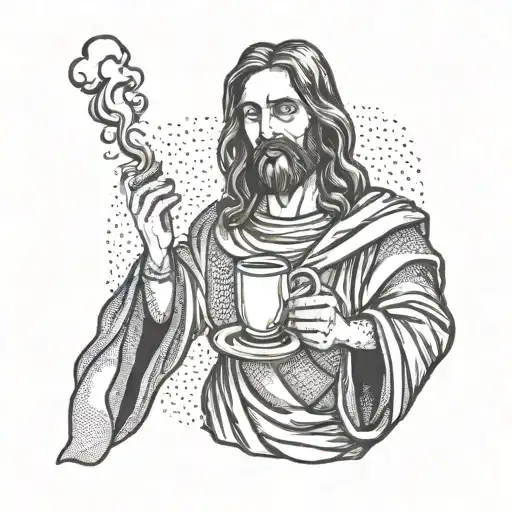 Jesus With A Mug Of Coffee In One Hand And A Cigarette In The Other Hand